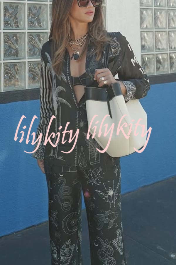Black Magic Satin Unique Print Long Sleeve Blouse and Elastic Waist Pocket Wide Leg Pants Set