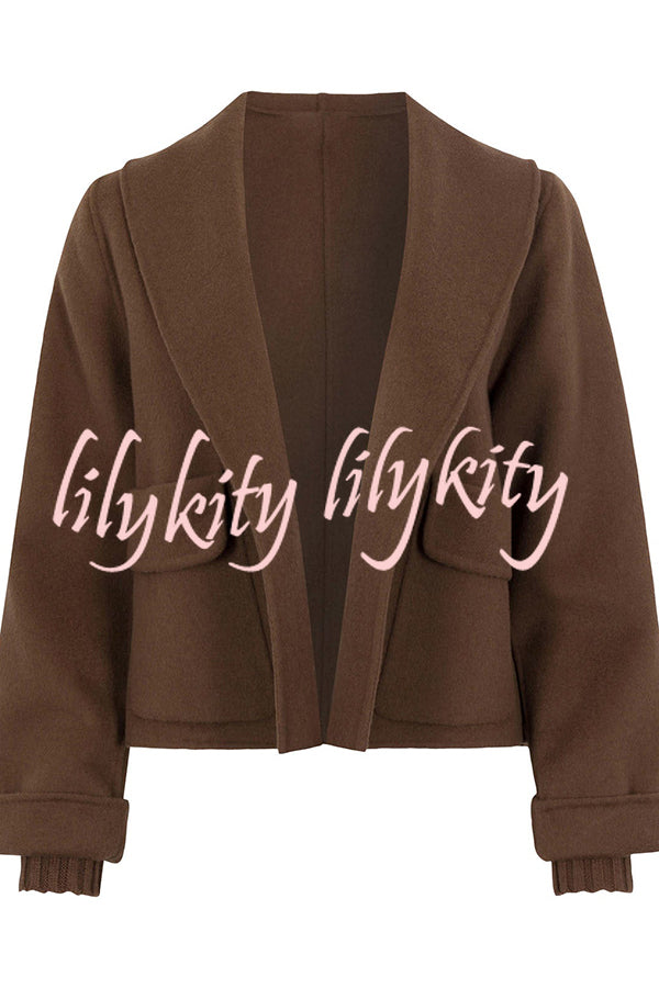 Comfortable Season Shawl Collar Open-front Long Sleeve Flap Pockets Crop Coat