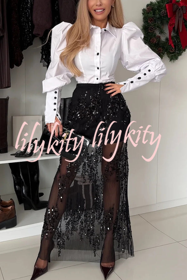 Darling Details Color-block Buttons Long Puff Lantern Sleeve Blouse