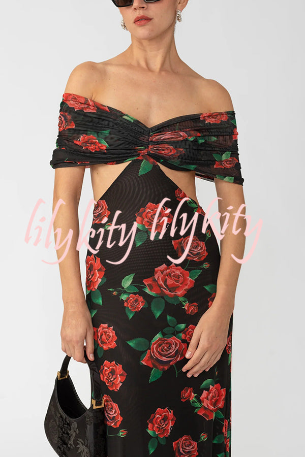 Rose Print Sexy Strapless Backless Slim Maxi Dress