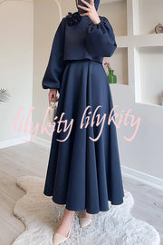 Solid Color Flower-embellished Lantern Sleeve Loose Top and Casual Maxi Skirt Set