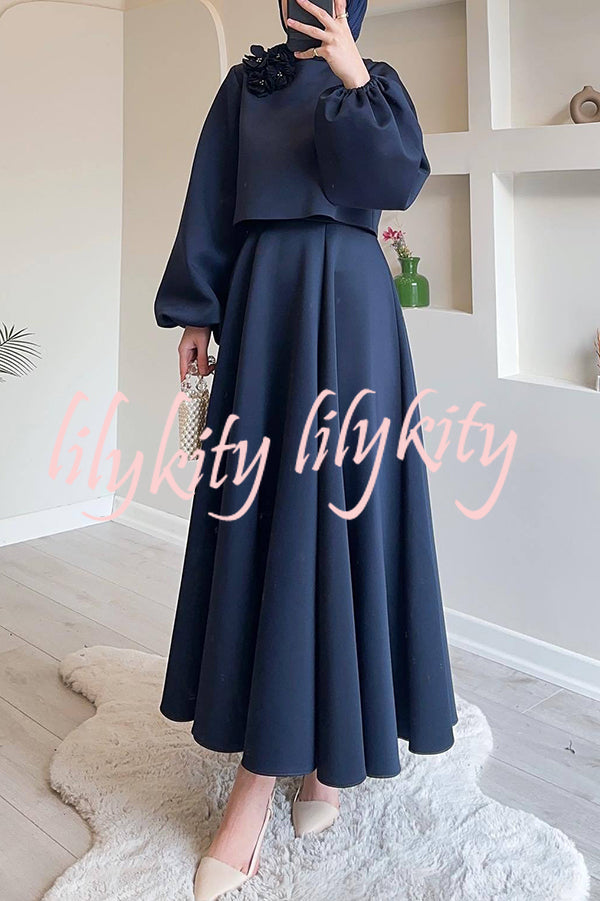 Solid Color Flower-embellished Lantern Sleeve Loose Top and Casual Maxi Skirt Set