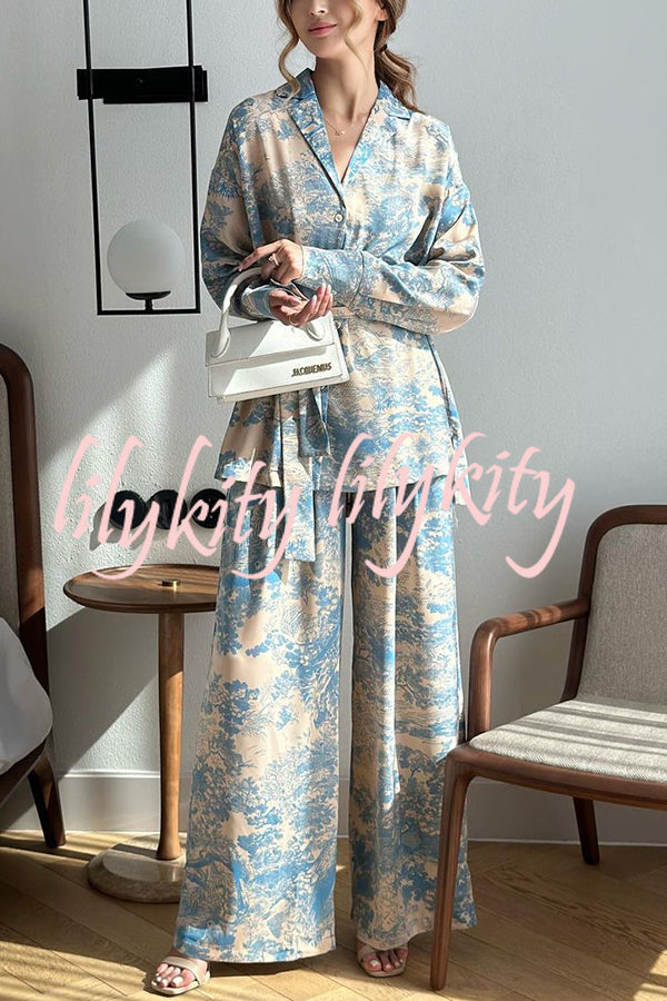 Unique Print Long-sleeved Tie Shirt and Elastic High-waist Wide-leg Pants Set