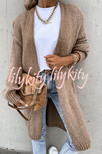 Solid Color V-neck Knitted Long-sleeved Oversized Midi Cardigan