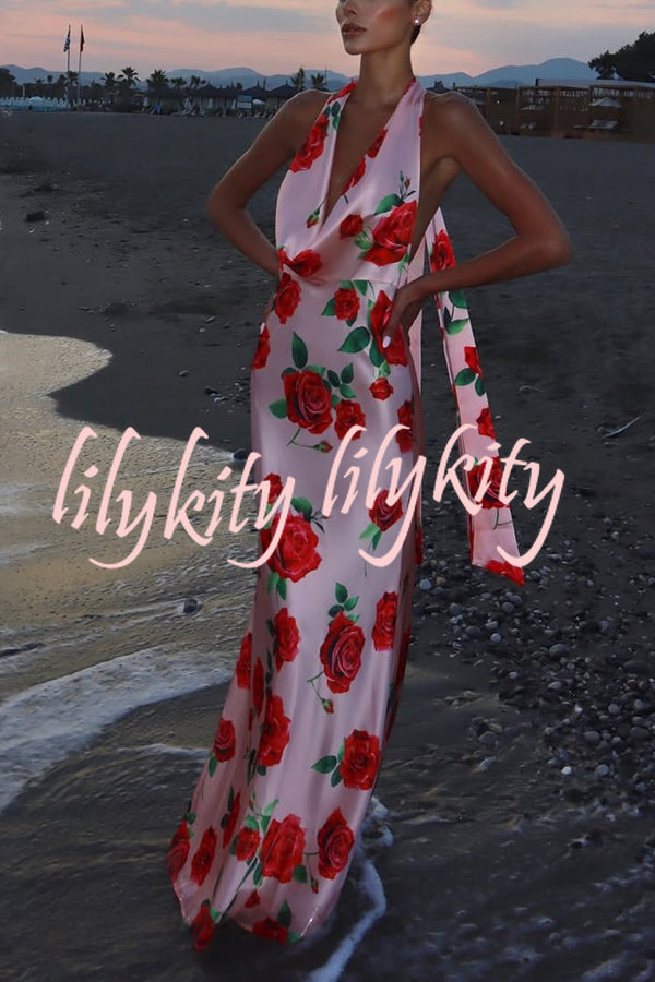 Rose Print Sexy Halter Neck Strappy Backless Slim Fit Maxi Dress