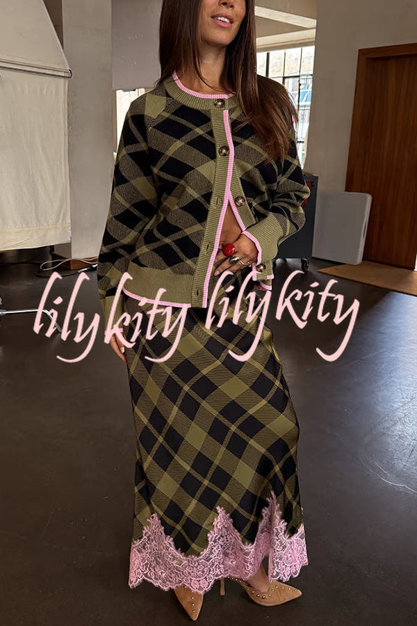 Holiday plaid Satin Unique Print Patchwork Lace Stretch Waist Draped Maxi Skirt