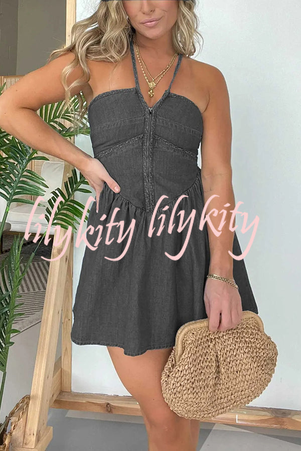 Sexy Halter Neck Backless Front Zip Denim Mini Dress