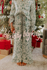Christmas Night Satin Loose Shirt and Elastic Waist Pocketed Pajama Set