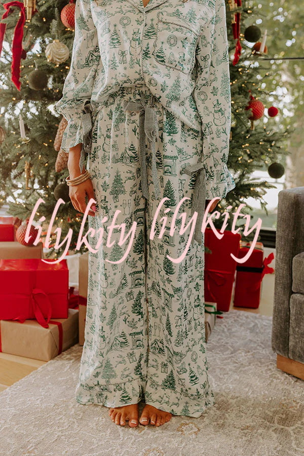Christmas Night Satin Loose Shirt and Elastic Waist Pocketed Pajama Set