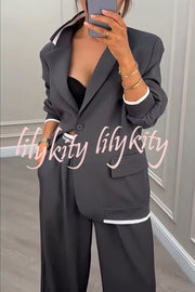 Fashion Sports Style Ribbed Colorblock Lapel Blazer and Elastic Waist Pocket Loose Pants Set