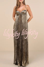 Jaelyn Metallic Fabric Pleated Back Cross Elasticated A-line Maxi Dress