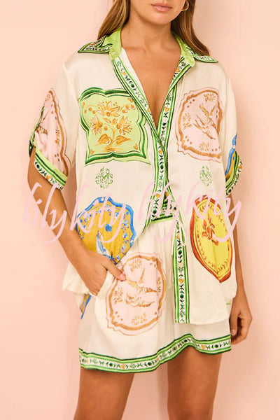 Tropical Escapes Satin Unique Print Shirt and Elastic Waist Pocketed Button Shorts Set