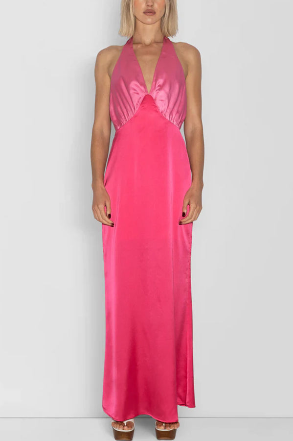 Like A Gem Satin Colorblock Halter Backless Party Maxi Dress