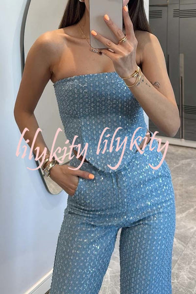 Fashionable Look Denim Sequin Textured Tube Top