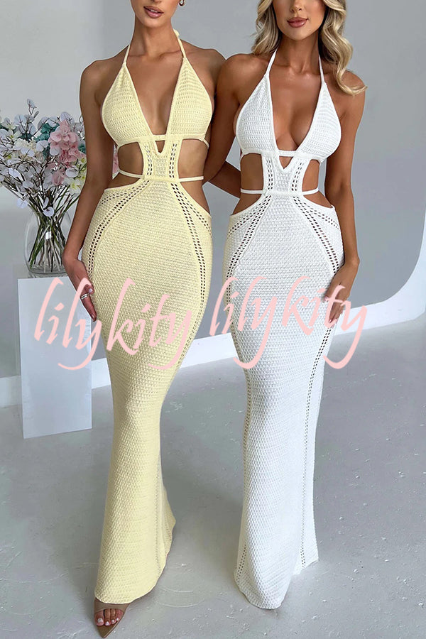 Effortlessly Cool and Sexy Knit Crochet Cutout Halter Tie-up Stretch Maxi Dress