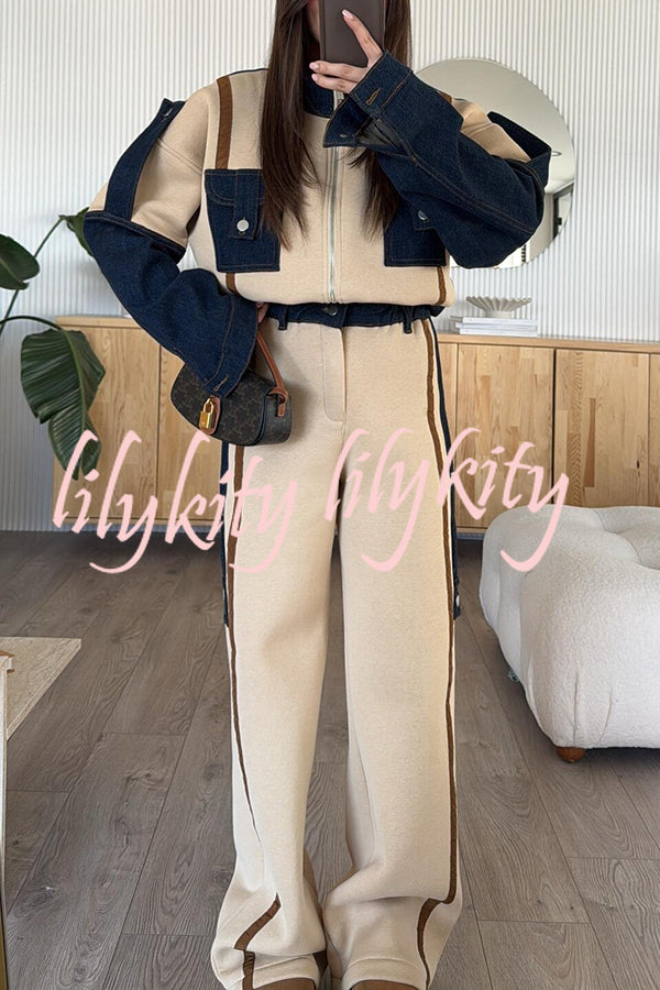 Chill Whispers Denim Patchwork Sweatshirt Fabric Zipper Long Sleeve Pocket Loose Jacket