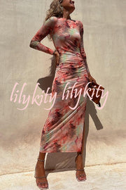 Charm Lady Mesh Overlay Tie Dye Print Long Sleeve Ruched Stretch Midi Dress