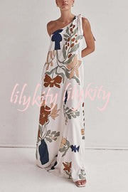 Matches The Vacation Unique Print One Shoulder Tie-up Pocketed Loose Maxi Dress