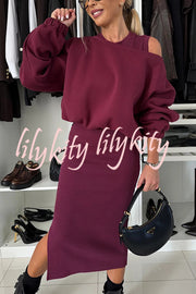 Lifestyle Wide Neck Relaxed Sweatshirt and Ribbed Tank Stretch Midi Dress Set