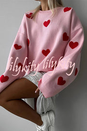 Fashionable Embroidered Love Loose Round Neck Long Sleeve Knitted Sweater