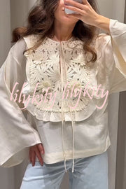Fashionable Round Neck Tie Hollow Stitching Casual Shirt