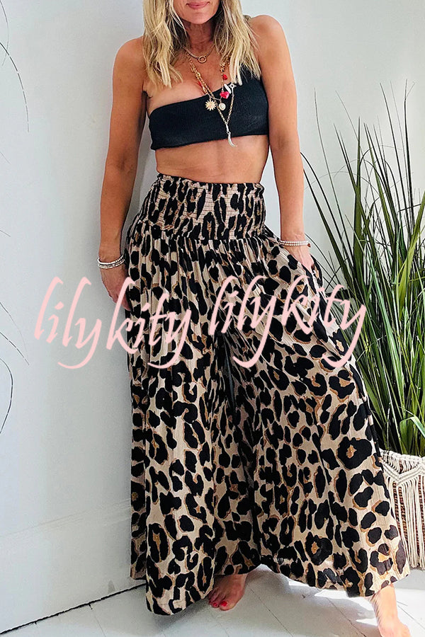 Stella Leopard Print High Rise Smocked Waist Pocketed Wide Leg Pants