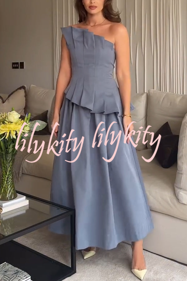 Fashionable Chic Off Shoulder Structured Pleat Corset A-line Midi Dress