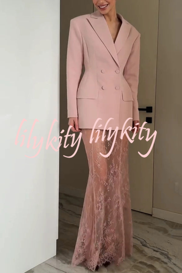 Solid Color Lapel Long Sleeve Waist Double-breasted Blazer