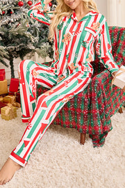 Color-blocked Striped Christmas Print Casual Long-sleeved Shirt and Elastic Waist Pants Set
