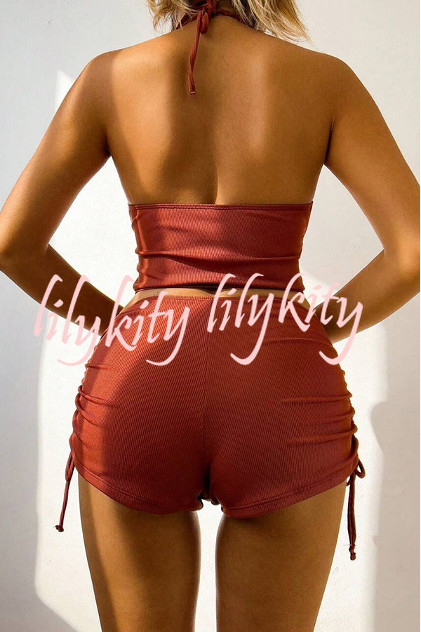 Solid Color Sexy Halter Neck High Waist String Stretch Bikini Swimsuit