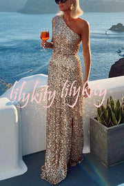 Santorini Night Sequin Fabric One Shoulder Slit Maxi Dress
