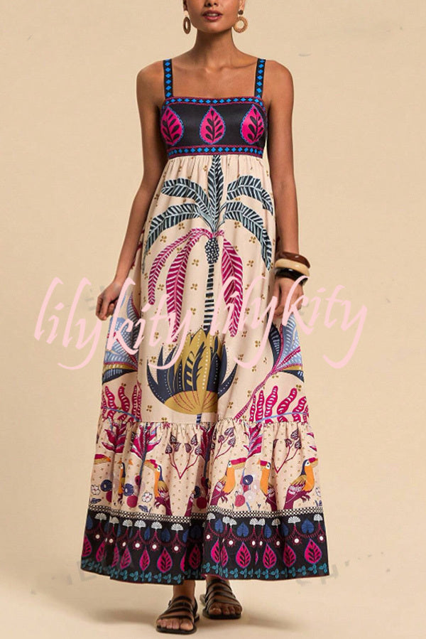 Bohemian Tropical Print Backless Casual Resort Maxi Dress