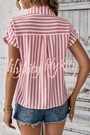 Striped Print Short Sleeve Pocket Shirt Top