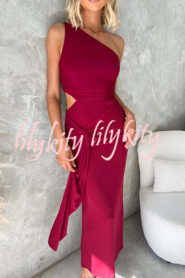 Solid Color Elegant Mesh One Shoulder Sexy Waist Hollow Out Maxi Dress