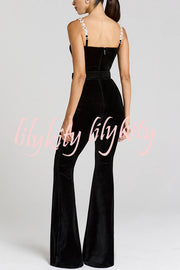 Eliza Luxurious Velvet Fabric Jewel-embellished Shoulder Straps Belted Flare Jumpsuit