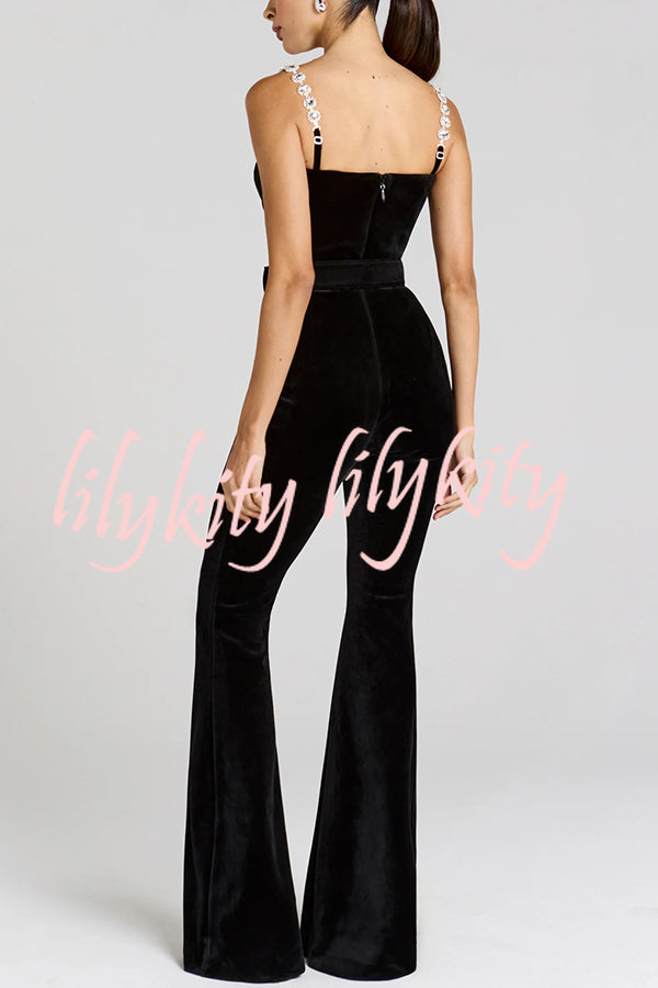 Eliza Luxurious Velvet Fabric Jewel-embellished Shoulder Straps Belted Flare Jumpsuit