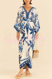 Chic Palm Tree Ethnic Print Fake Two Piece Lace Up Maxi Dress