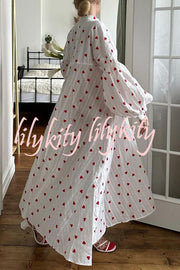 Cute Heart Print Puff Sleeve Loose Shirt Style Maxi Dress