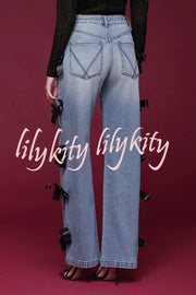 Runway Muse Denim High Rise Bow Trim Pocketed Wide Leg Jeans