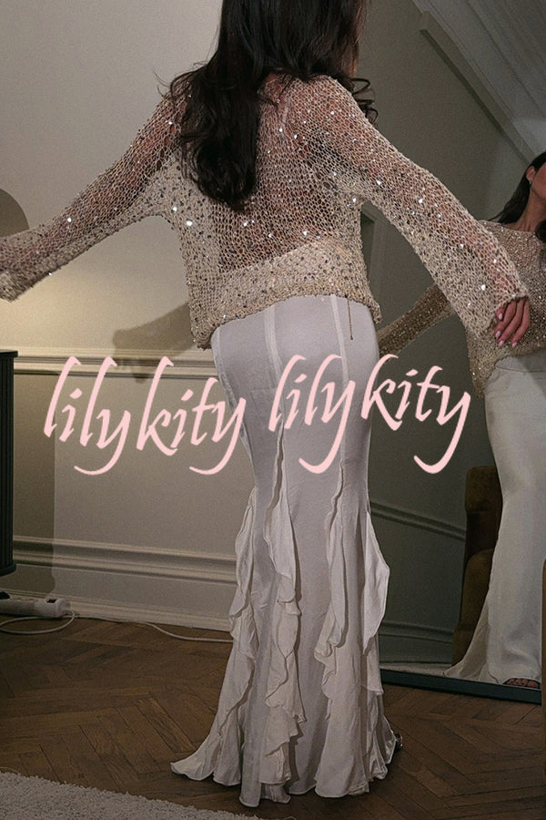 Fashion Sequined Hollow Long Sleeve Loose Knit Top