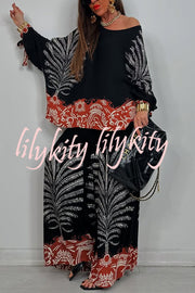 Unique Print Loose Drawstring Long Sleeve Top and Elastic Waist Casual Pocket Wide Leg Pants Set
