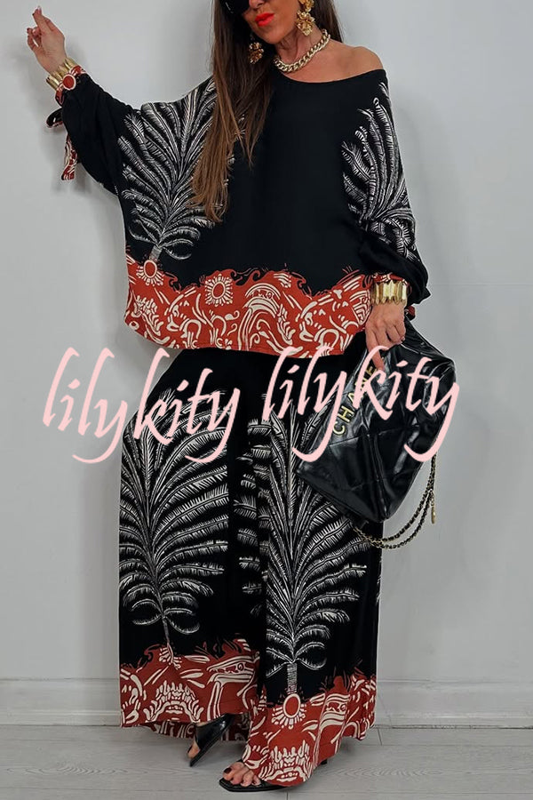Unique Print Loose Drawstring Long Sleeve Top and Elastic Waist Casual Pocket Wide Leg Pants Set