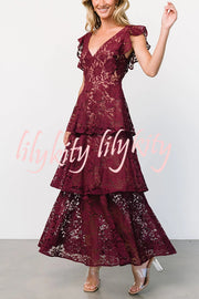 Solid V-neck Ruffled Sleeves Cinched Waist Maxi Dress