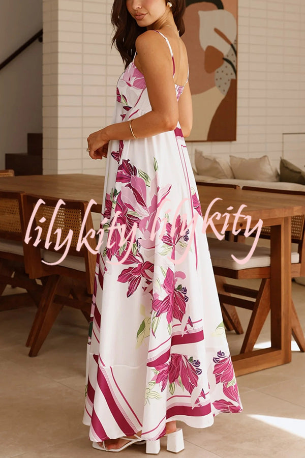 Botanical Print Halter Square Neck Pleated Loose Maxi Dress