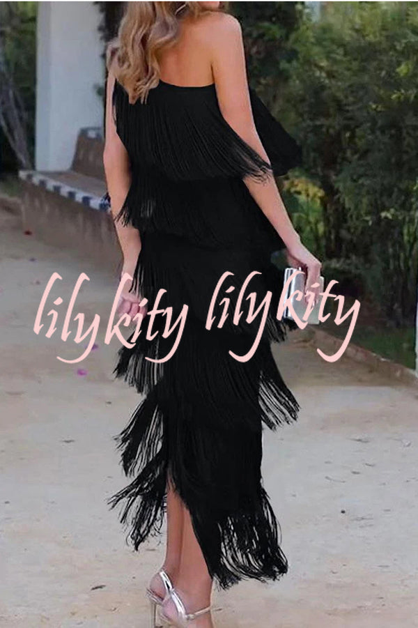 Stylish Fringed One Shoulder Asymmetric Midi Dress