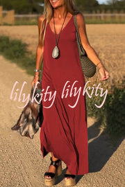 Solid Color V-neck Sleeveless Casual Loose Maxi Dress