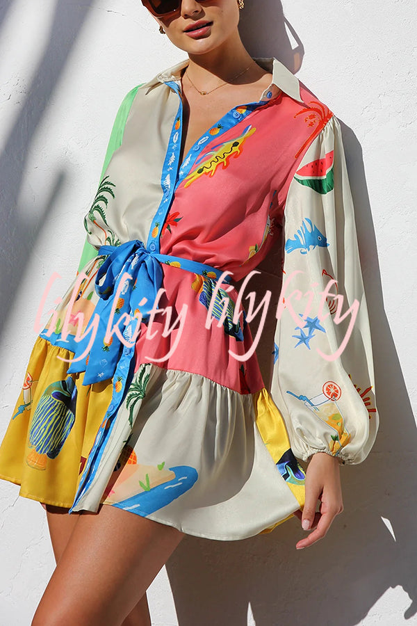 Summer Unique Printed Shirt Collar Lantern Sleeves Waist Tie Mini Dress