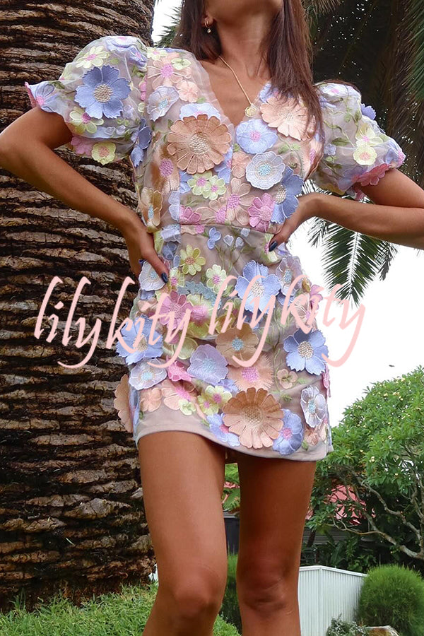 Garden Gala Embroidered Floral Applique Puff Sleeve Mini Dress