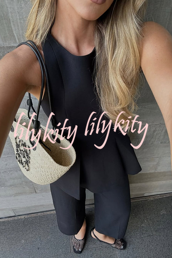 Solid Color Round Neck Sleeveless Casual Top and Loose Straight Pants Set