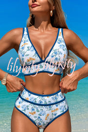 Solid Color Contrast High Waist Stretch Bikini Swimsuit